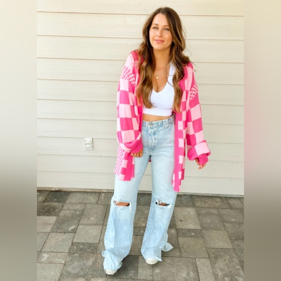 Various Sizes- Oversized Pink and White Checkerboard Cardigan Sweater-NWT - Picture 5 of 7
